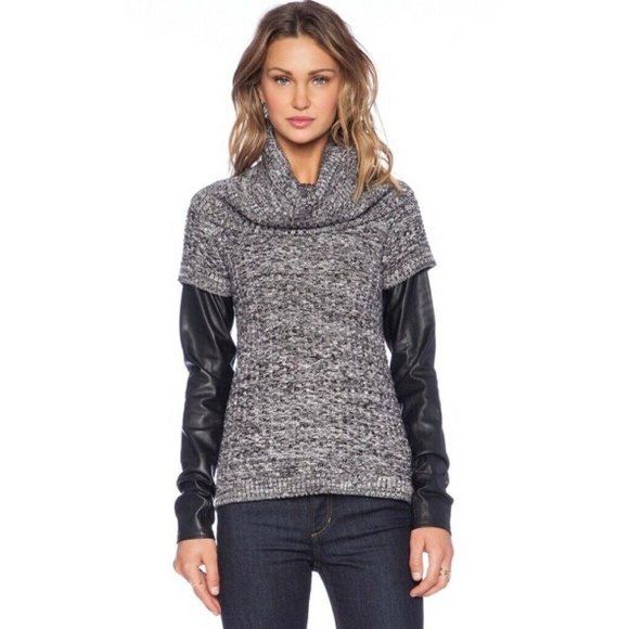 BLANKNYC Womens Pullover Sweater Black Marled Vegan Leather‎ Sleeve Cowl Neck S - Picture 1 of 10